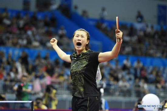 Ding Ning of Beijing celebrates after the women's table tennis singles final against Liu Shiwen of Guangdong at 13th Chinese National Games in north China's Tianjin Municipality, Sept. 6, 2017. Ding Ning claimed the title.(Xinhua/Mu Yu)