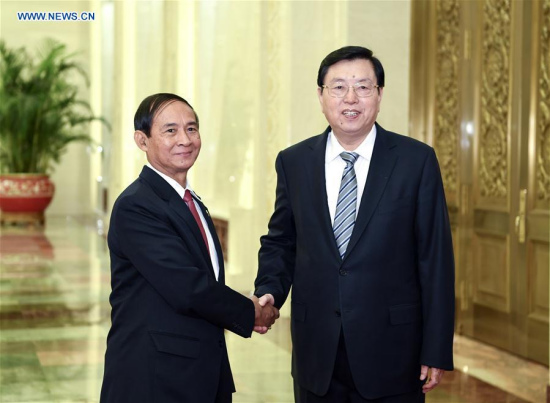 Zhang Dejiang (R), chairman of the Standing Committee of the National People's Congress (NPC), holds talks with Myanmar's Speaker of the House of Representatives (Lower House) U Win Myint in Beijing, capital of China, Sept. 7, 2017. (Xinhua/Zhang Ling)