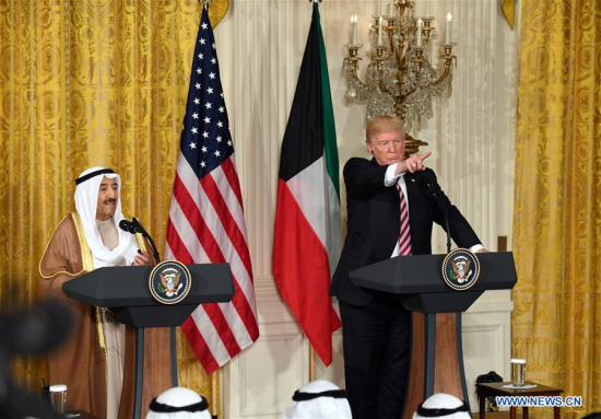 U.S. President Donald Trump (R) attends a joint press conference with visiting Kuwaiti Amir Sheikh Sabah Al-Ahmed Al-Jaber Al-Sabah at the White House in Washington D.C., the United States, on Sept. 7, 2017. (Xinhua/Yin Bogu)