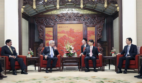 Meng Jianzhu (2nd R), head of the Commission for Political and Legal Affairs of the Communist Party of China (CPC) Central Committee, meets with visiting Pakistani Foreign Minister Khawaja Asif and Pakistani National Security Adviser Nasser Khan Janjua in Beijing, capital of China, Sept. 8, 2017. (Xinhua/Ding Lin)