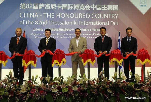 Greek Prime Minister Alexis Tsipras (3rd L), Chinese Ambassador to Greece Zou Xiaoli (2nd L) cut the ribbon for the opening ceremony of the 82nd Thessaloniki International Fair (TIF) in Thessaloniki, Greece on Sept. 9, 2017. China is an honored country this year in TIF, which is Greece's largest and most prestigious annual trade fair. (Xinhua/Marios Lolos)
