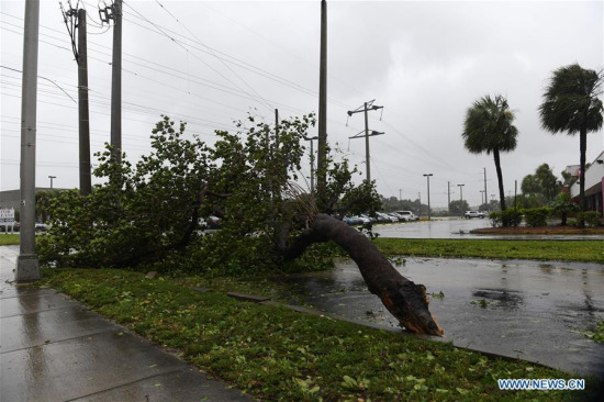 Trees and branches are seen on a street after being torn down by strong winds as hurricane Irma arrives, in Miami, Florida, the United States, on Sept. 10, 2017. Category Four Hurricane Irma on Sunday morning made landfall in the Florida Keys with gust wind speed of 171 km/h, according to the National Hurricane Center (NHC). (Xinhua/Yin Bogu)