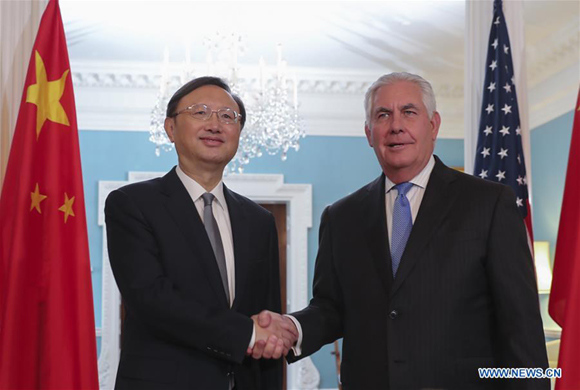 Chinese State Councilor Yang Jiechi (L) meets with U.S. Secretary of State Rex Tillerson during his stopover in Washington, the United States, Sept. 12, 2017. (Xinhua/Wang Ying)