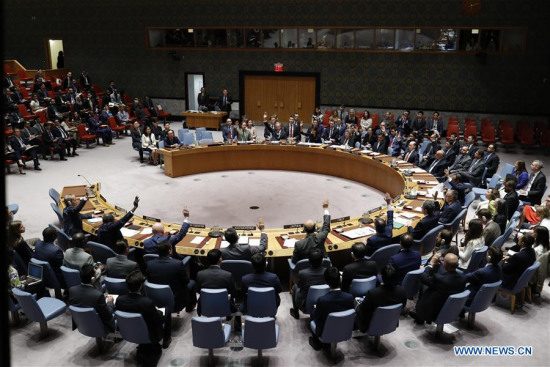 Photo taken on Sept. 11, 2017 shows the United Nations Security Council voting on a resolution on the Democratic People's Republic of Korea (DPRK) at the UN headquarters in New York. UN Security Council on Monday imposed new sanctions on the DPRK over its latest nuclear test. (Xinhua/Li Muzi)