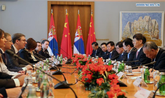 Serbian President Aleksandar Vucic (3rd L) meets with Chinese President Xi Jinping's special envoy Meng Jianzhu (2nd R), who is also member of the Political Bureau of the Communist Party of China (CPC) Central Committee and head of the Commission for Political and Legal Affairs of the CPC Central Committee, in Belgrade, Serbia, Sept. 12, 2017. (Xinhua/Wang Huijuan)