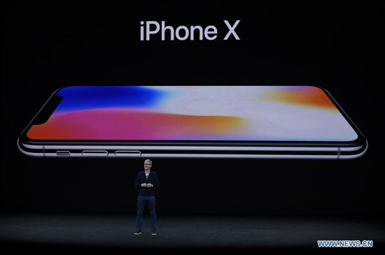 Apple's Chief Executive Officer (CEO) Tim Cook introduces new iPhone X during a special event in Cupertino, California, the United States on Sept. 12, 2017. Apple Inc. released a series of new products and services in Cupertino on Tuesday. (Photo/Xinhua)