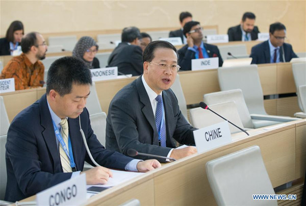 Ma Zhaoxu (1st R, front), Ambassador and Permanent Representative of China to UN at Geneva, delivers a speech at the 36th session of the UN Human Rights Council in Geneva, Switzerland on Sept. 15, 2017. China on Friday said countries should carry out constructive dialogue and cooperation in the field of human rights during the 36th session of the UN Human Rights Council. (Xinhua/Xu Jinquan)