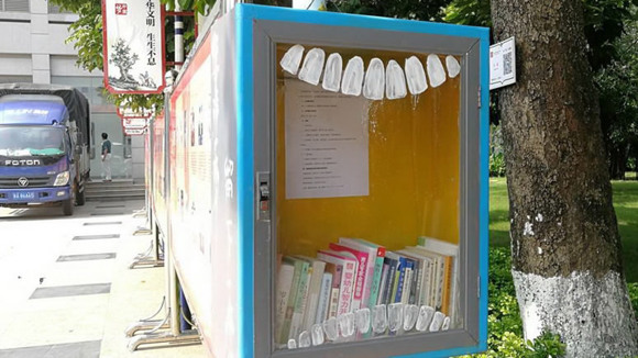 A sharing bookcase near Hainan Library. (Photo via people.cn)