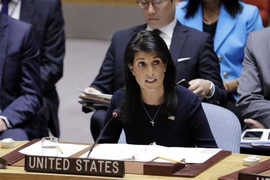 U.S. ambassador to the United Nations Nikki Haley (Front) addresses a United Nations Security Council emergency meeting on the Democratic People's Republic of Korea (DPRK)'s nuclear test at the UN headquarters in New York, on Sept. 4, 2017. (Xinhua/Li Muzi)