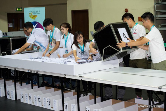 Staff members collect votes in Macao Special Administrative Region (SAR), south China, Sept. 17, 2017. (Xinhua/Cheong Kam Ka)