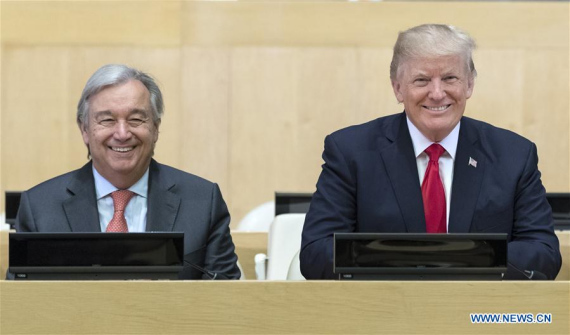 United Nations Secretary-General Antonio Guterres (L) and U.S. President Donald Trump pose for a photo prior to a high-level UN reform meeting at the UN headquarters in New York, Sept. 18, 2017. UN Secretary-General Antonio Guterres and U.S. President Donald Trump on Monday called for a change of bureaucracy in the United Nations. (Xinhua/Li Muzi)