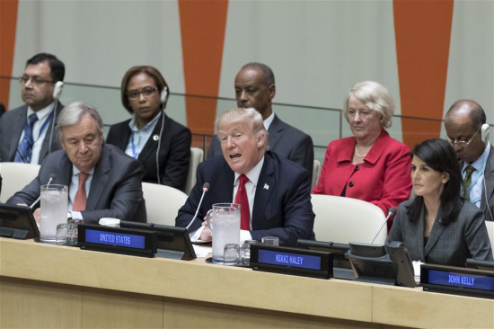U.S. President Donald Trump (C, front) speaks at a high-level UN reform meeting at the UN headquarters in New York, Sept. 18, 2017. (Xinhua/Li Muzi)