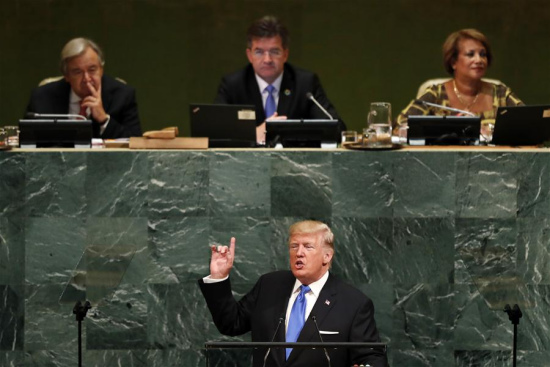 U.S. President Donald Trump speaks during the general debate of the 72nd session of the United Nations General Assembly, at the UN headquarters in New York, Sept. 19, 2017. (Xinhua/Li Muzi)