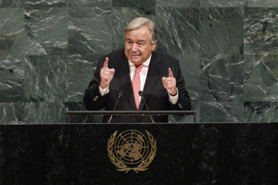 UN Secretary-General Antonio Guterres addresses the 72nd session of the United Nations General Assembly, at the UN headquarters in New York, Sept. 19, 2017. UN Secretary-General Antonio Guterres on Tuesday highlighted nuclear peril while addressing the General Assembly in his work report. (Xinhua/Li Muzi)