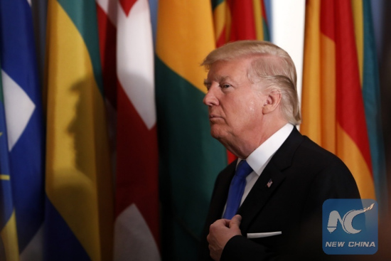 U.S. President Donald Trump arrives at a Heads of States Luncheon hosted by the United Nations Secretary-General Antonio Guterres, at the UN headquarters in New York, Sept. 19, 2017. (Xinhua/Li Muzi)