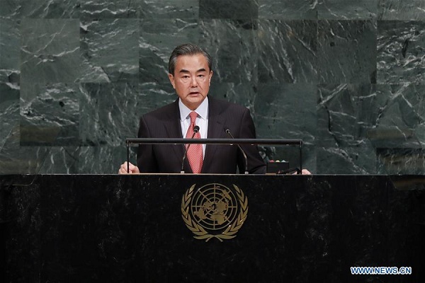 Chinese Foreign Minister Wang Yi delivers a speech at the General Debate of the 72nd session of the UN General Assembly at the UN headquarters in New York, Sept. 21, 2017. (Xinhua/Li Muzi)
