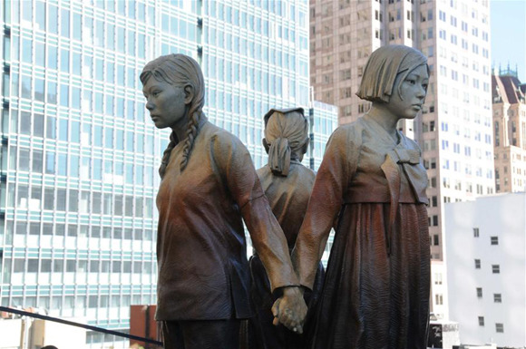 A comfort women monument is seen at St. Mary Square in San Francisco, the United States, on Sept. 22, 2017. Comfort Women Justice Coalition, a local grassroots advocacy group devoted to bring justice for the victims of Japanese military sexual slavery during the World War Two, unveiled a monument dedicated to the comfort women in San Francisco on Friday. (Xinhua/Ma Dan)