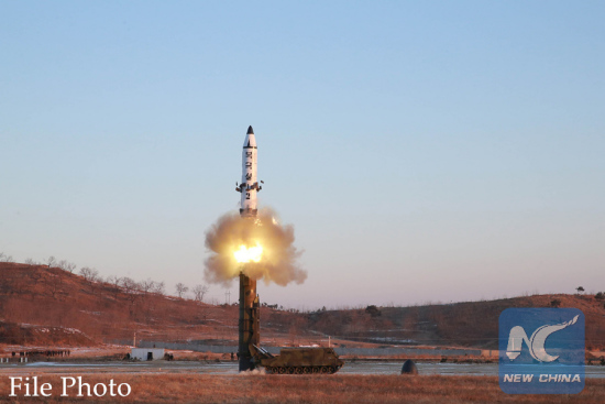 Photo provided by Korean Central News Agency (KCNA) on Feb. 13, 2017 shows a test firing of a surface-to-surface medium- and long-range ballistic missile Pukguksong-2 on Feb. 12, 2017. (Xinhua/KCNA)