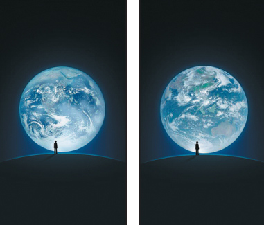 WeChat composite images: A photo of Earth taken by the crew of NASA's Apollo 17 spacecraft in 1972(left) will be replaced for three days by a photo taken by China's Fengyun 4A satellite. Both Earth images were combined with a human figure for the instant messaging app's logon page. (Photo provided to China Daily)