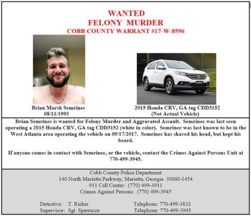 The man who is suspected of killing a Chinese woman near the southeastern U.S. city of Atlanta is identified as 24-year-old Brian Marsh Semrinec. (Photo provided by U.S. police)