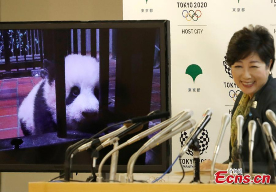A panda cub named Xiang Xiang, born from mother panda Shin Shin at Tokyo's Ueno Zoological Gardens on June 12, 2017, is shown on a screen next to Tokyo Governor Yuriko Koike during a news conference to announce the name at Tokyo Metropolitan Government Building in Tokyo, Japan September 25, 2017. (Photo/Agencies)