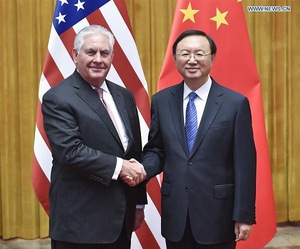 Chinese State Councilor Yang Jiechi (R) meets with visiting U.S. Secretary of State Rex Tillerson in Beijing, capital of China, Sept. 30, 2017. (Xinhua/Yan Yan)