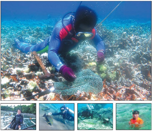 Top and right: Chen Hong, director of the Hainan South China Sea Institute of Tropical Oceanography, grows coral seedlings in waters around the Xisha Islands. While above, from left, Chen at work during a survey of reefs in Indonesia. (Photo provided to China Daily)