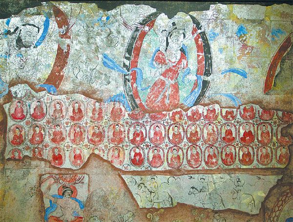 A mural by Yu Lyukui about Damagou Grotto, an ancient Buddhist site in the Xinjiang Uygur autonomous region.(Photo provided to China Daily)