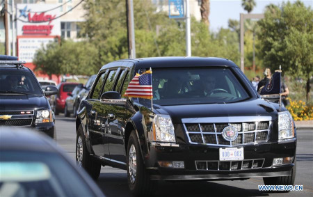 President Trump's motorcade arrives at University Medical Center of Southern Nevada in Las Vegas, theUnited States, on Oct. 4, 2017. U.S. President Donald Trump and first lady Melania Trump traveled to Las Vegas on Wednesday to show their support for the victims of Sunday's shooting massacre. (Xinhua/Wang Ying)