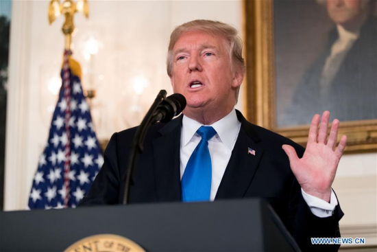 U.S. President Donald Trump speaks on new Iran strategy at the White House in Washington D.C., the United States, on Oct. 13, 2017. U.S. President Donald Trump rolled out his new Iran strategy on Friday, vowing to deny Tehran all paths to a nuclear weapon in a major shift in Washington's Iran policy. (Xinhua/Ting Shen)