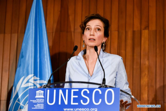 Audrey Azoulay delivers a speech at the headquarters of United Nations Educational, Scientific and Cultural Organization (UNESCO) in Paris, France, on Oct. 13, 2017. French candidate Audrey Azoulay was nominated as candidate for next Director-General of UNESCO on Friday by the executive board. (Xinhua/Chen Yichen)
