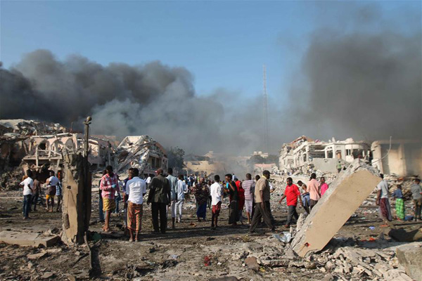 Photo taken on Oct. 14, 2017 shows the explosion site near Safari hotel in Mogadishu, capital of Somalia. (Xinhua/Faisal Isse)