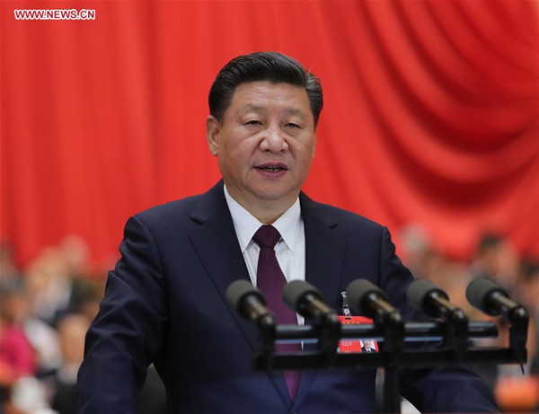 Xi Jinping delivers a report to the 19th National Congress of the Communist Party of China (CPC) on behalf of the 18th Central Committee of the CPC at the Great Hall of the People in Beijing, capital of China, Oct. 18, 2017. The CPC opened the 19th National Congress at the Great Hall of the People Wednesday morning. (Xinhua/Ju Peng)