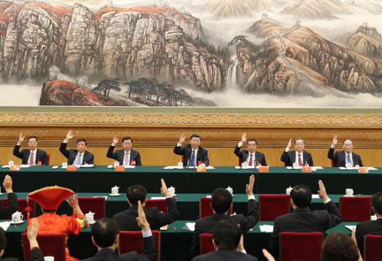 The presidium of the 19th National Congress of the Communist Party of China holds its first meeting at the Great Hall of the People in Beijing on Tuesday. CPC Central Committee General Secretary Xi Jinping was present and delivered a speech. JU PENG / XINHUA