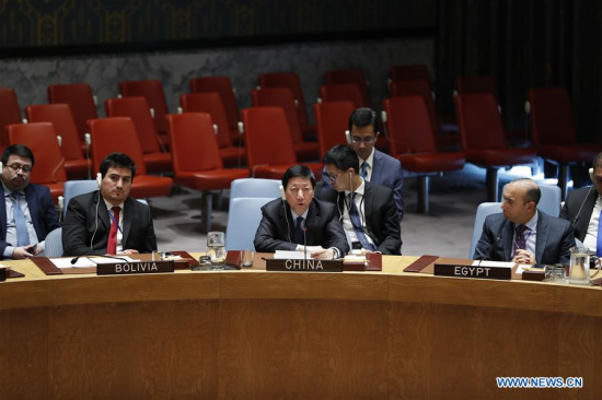 Wu Haitao (front C), the charge d'affaires of the Chinese mission to the United Nations, addresses a Security Council open debate on the situation in the Middle East at the UN headquarters in New York, Oct. 18, 2017. (Xinhua/Li Muzi)