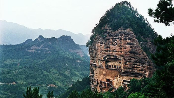 This undated photo shows caves at Maijishan Grottoes in northwest China's Gansu Province. (Photo provided to CGTN)
