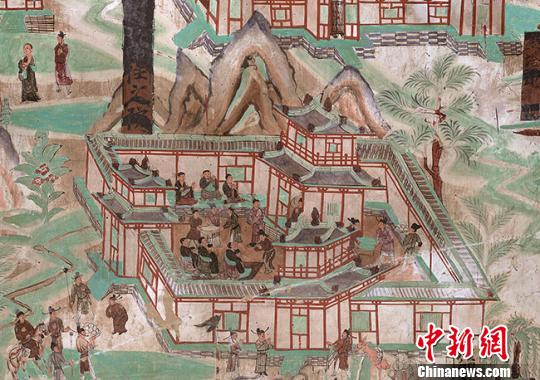 A mural from the Mogao Cave 61 shows a celebration scene at Wutai Mountain during Chongyang Festival. (Photo/Chinanews.com)