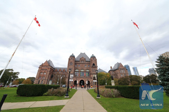 Photo taken on Oct. 26, 2017 shows the exterior of Canada's Ontario Legislative Building in Toronto, Canada. Canada's Ontario provincial parliament Thursday passed a motion designating Nanjing Massacre Commemorative Day to commemorate the mass killing of 300,000 Chinese by Japanese troops in Nanjing during World War II. (Xinhua/Zou Zheng)