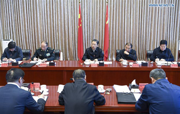 Zhao Leji (C rear), a member of the Standing Committee of the Political Bureau of the Communist Party of China (CPC) Central Committee and secretary of the CPC Central Commission for Discipline Inspection (CCDI), presides over the first meeting of the Standing Committee of the 19th CCDI in Beijing, capital of China, Oct. 29, 2017. (Xinhua/Zhang Ling)