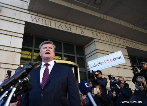 Kevin Downing (L), attorney for Paul Manafort, former campaign manager of U.S. President Donald Trump, speaks to the press after a hearing related to alleged Russian meddling in the U.S. 2016 presidential elections outside the Federal District Court in Washington D.C., the United States, on Oct. 30, 2017. Three of U.S. President Donald Trump's former campaign aides were indicted on Monday, and two of them pleaded not guilty to all charges. (Xinhua/Yin Bogu)