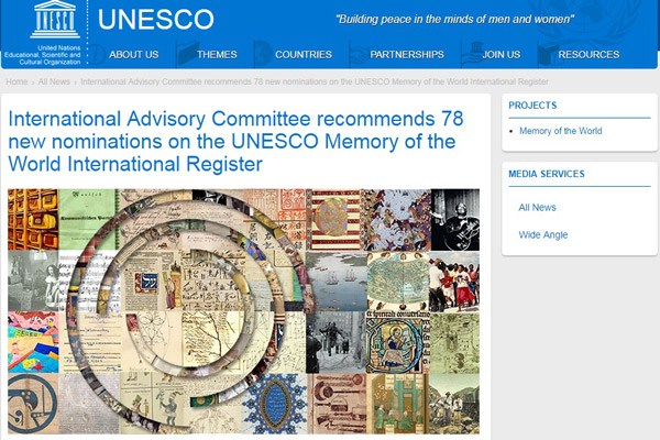 A story on the UNESCO Memory of the World International Register is seen in this screen shot from UNESCO's web page.