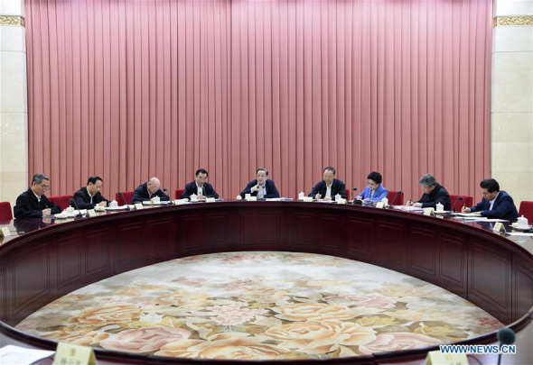 Zhang Dejiang, chairman of the National People's Congress (NPC) Standing Committee, presides over the meeting of the Leading Party Members' Group of the 12th NPC Standing Committee to comprehend the meaning of the 19th Communist Party of China (CPC) National Congress, in Beijing, China, Oct. 26, 2017. (Xinhua/Liu Weibing)