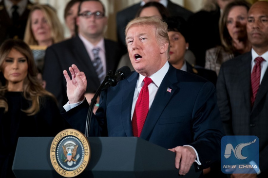 U.S. President Donald Trump speaks during an event highlighting efforts to battle the opioid crisis at the White House in Washington D.C., the United States, on Oct. 26, 2017. Trump on Thursday declared the opioid crisis a national public health emergency in the United States and vowed to build a wall to confront the growing scourge. (Xinhua/Ting Shen)