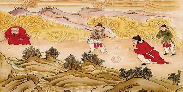 A mural painting of Yuan dynasty-era chuiwan is preserved on the wall of a Water God Temple in Hungtung county, Shanxi province. The painting depicts a Mongolian official (on the left, wearing a fur hat), Han officials and assistants. The sticks and devices are fairly identical to those of modern golf. (Photo provided to China Daily)