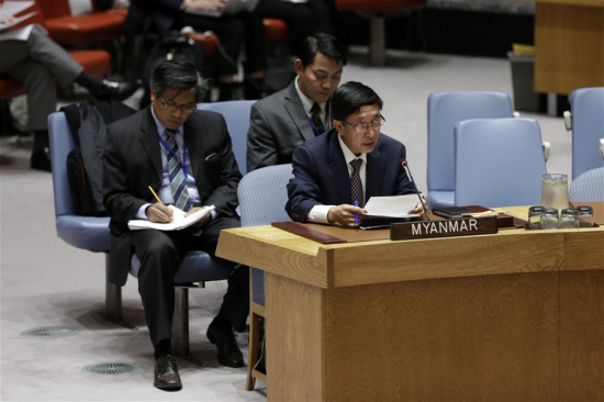 Photo taken on Nov. 6, 2017, shows a Security Council meeting on the situation in Myanmar, at the UN headquarters in New York. (Xinhua/Li Muzi)