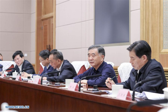 Chinese Vice Premier Wang Yang (2nd R), who is also a member of the Standing Committee of the Political Bureau of the Communist Party of China (CPC) Central Committee, presides over the 12th meeting of the national leading group for crackdown on IPR infringement and counterfeits in Beijing, capital of China, Nov. 6, 2017. (Xinhua/Ding Lin)