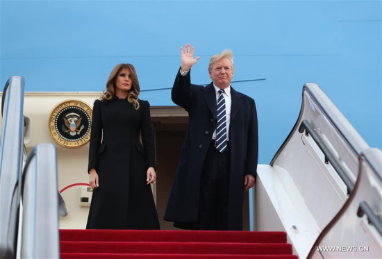 U.S. President Donald Trump (R) arrives in Beijing on Nov. 8, 2017, starting his state visit to China. (Xinhua/Pang Xinglei)