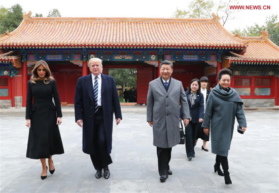 Chinese President Xi Jinping (2nd R) and his wife Peng Liyuan (1st R) welcome U.S. President Donald Trump (2nd L) and his wife Melania Trump at the Palace Museum, or the Forbidden City, in Beijing, capital of China, Nov. 8, 2017.  (Xinhua/Xie Huanchi)