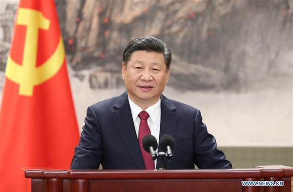 Xi Jinping speaks when meeting the press at the Great Hall of the People in Beijing, capital of China, Oct. 25, 2017. Xi Jinping and other newly-elected members of the Standing Committee of the Political Bureau of the 19th Communist Party of China Central Committee Li Keqiang, Li Zhanshu, Wang Yang, Wang Huning, Zhao Leji and Han Zheng met the press on Oct. 25. (Xinhua/Ding Haitao)
