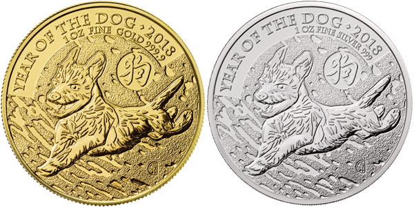 The gold and silver commemorative coins launched by UK's Royal Mint to celebrate lunar Chinese New Year of the Dog. (Photo provided to chinadaily.com.cn)